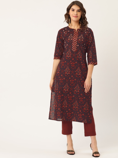 

Maaesa Women Brown & Maroon Printed Kurta with Trousers, Bronze