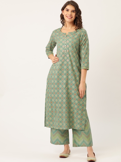 

Maaesa Women Green & Golden Printed Kurta with Trousers