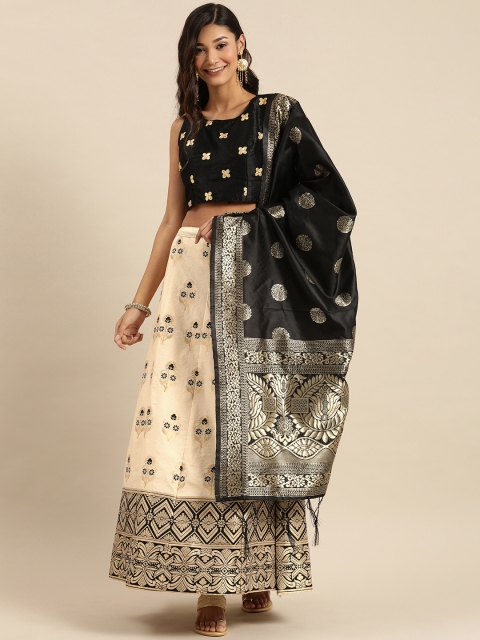 

Shaily Cream-Coloured & Black Zari Gota Silk Blend Semi-Stitched Lehenga, Blouse & Dupatta