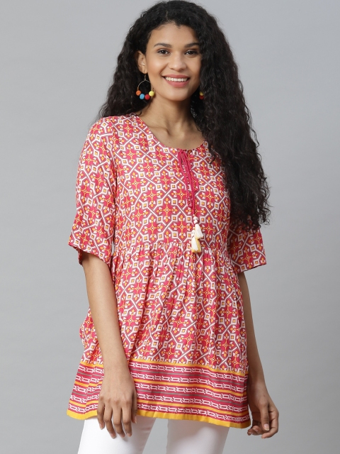 

Rangriti Women Pink & Yellow Printed A-Line Top