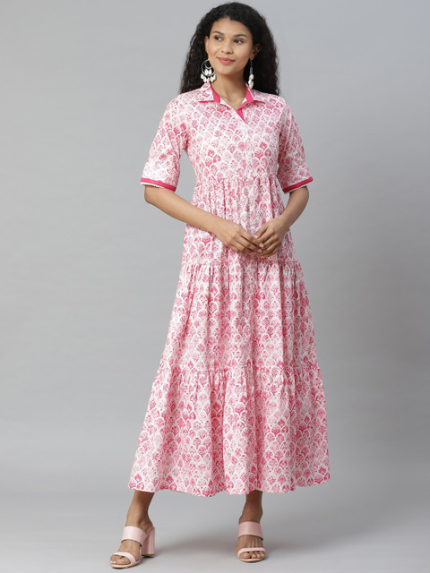 

Rangriti Women Pink & White Tiered Printed Shirt Maxi Dress