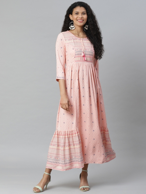 

Rangriti Women Peach-Coloured & Blue Liva Printed Maxi Dress