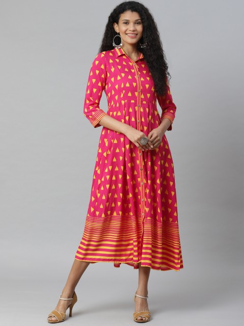 

Rangriti Women Pink & Mustard Yellow Liva Printed Shirt Dress