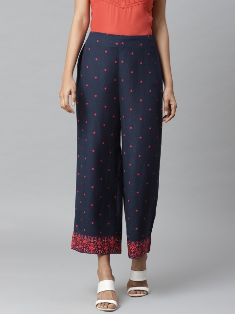 

Rangriti Women Navy Blue & Red Ikkat Print Wide Leg Palazzos