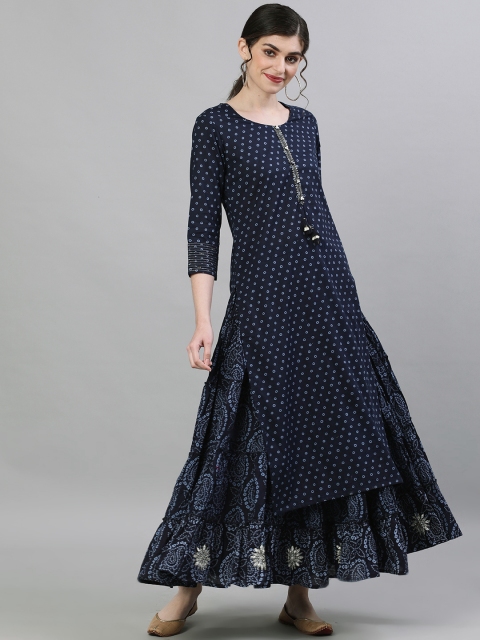 

Ishin Women Navy Blue Printed Kurta with Skirt