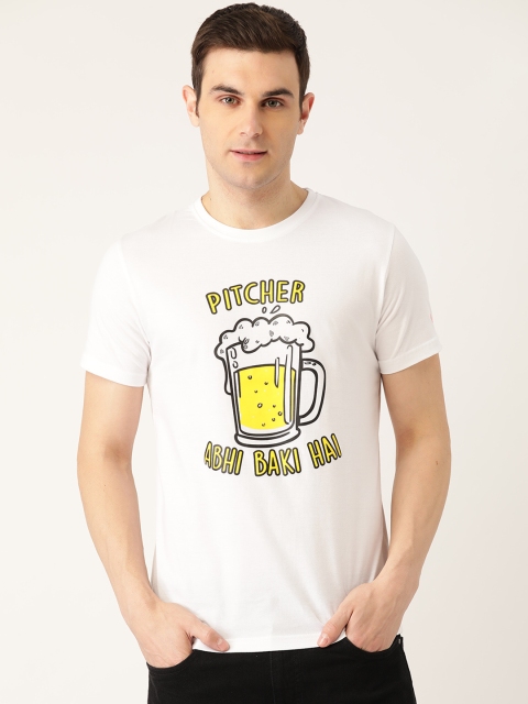 

PRINTOCTOPUS Men White & Yellow Printed Pure Cotton Round Neck T-shirt