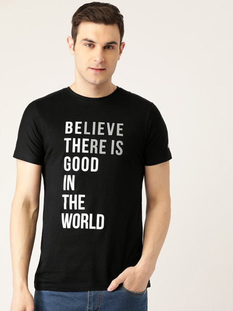 

PRINTOCTOPUS Men Black & White Pure Cotton Printed Round Neck T-shirt