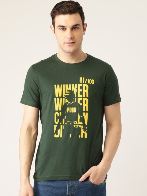 

PRINTOCTOPUS Men Olive Green & Yellow Pure Cotton Printed Round Neck T-shirt