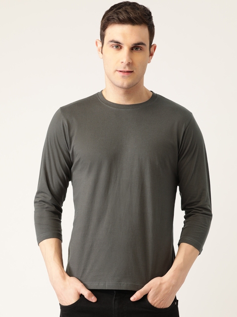 

PRINTOCTOPUS Men Charcoal Grey Solid Round Neck Pure Cotton T-shirt