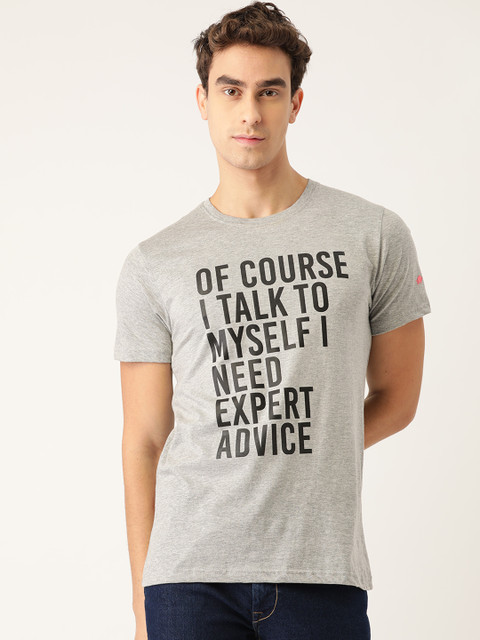 

PRINTOCTOPUS Men Grey Melange Black Printed Round Neck Pure Cotton T-shirt