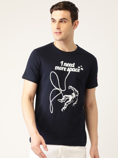 

PRINTOCTOPUS Men Navy Blue White Printed Round Neck Pure Cotton T-shirt