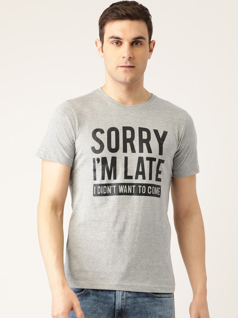 

PRINTOCTOPUS Men Grey Melange & Black Printed Round Neck T-shirt