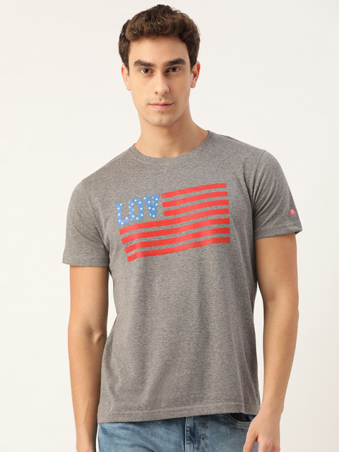 

PRINTOCTOPUS Men Grey Melange Printed Round Neck T-shirt