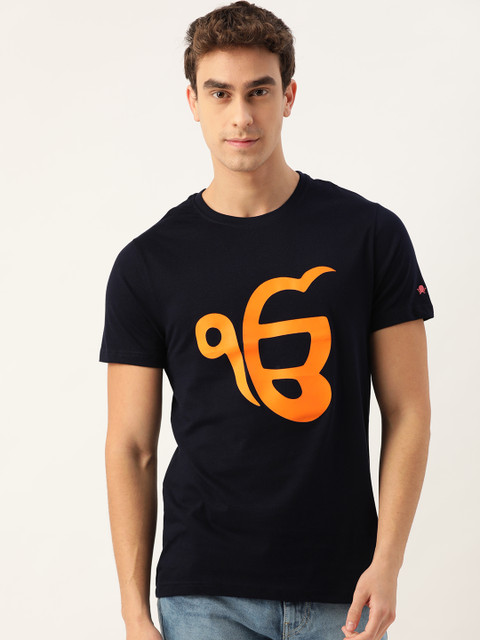 

PRINTOCTOPUS Men Navy Blue Orange Cotton Printed Round Neck Pure Cotton T-shirt