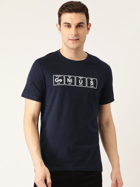 

PRINTOCTOPUS Men Navy Blue Pure Cotton Printed Round Neck T-shirt