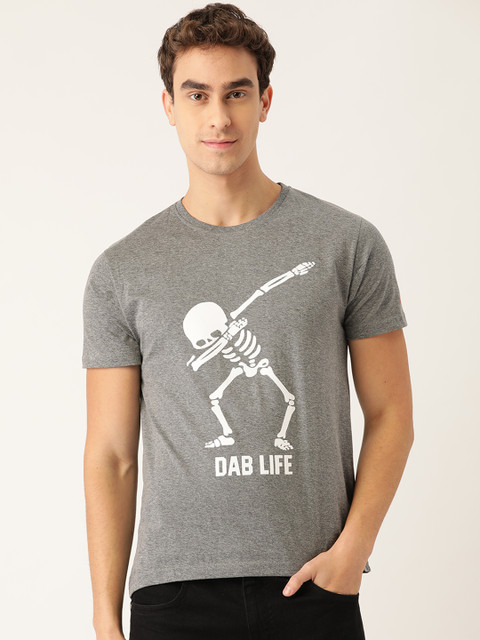 

PRINTOCTOPUS Men Grey Melange & White Printed Pure Cotton Round Neck T-shirt