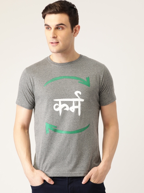 

PRINTOCTOPUS Men Grey Melange White Hindi Printed Round Neck Pure Cotton T-shirt