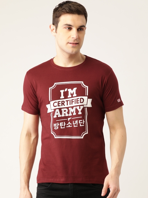

PRINTOCTOPUS Men Maroon & White Pure Cotton Printed Round Neck T-shirt