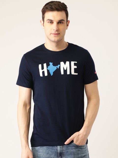 

PRINTOCTOPUS Men Navy Blue Pure Cotton Printed Detail Round Neck T-shirt