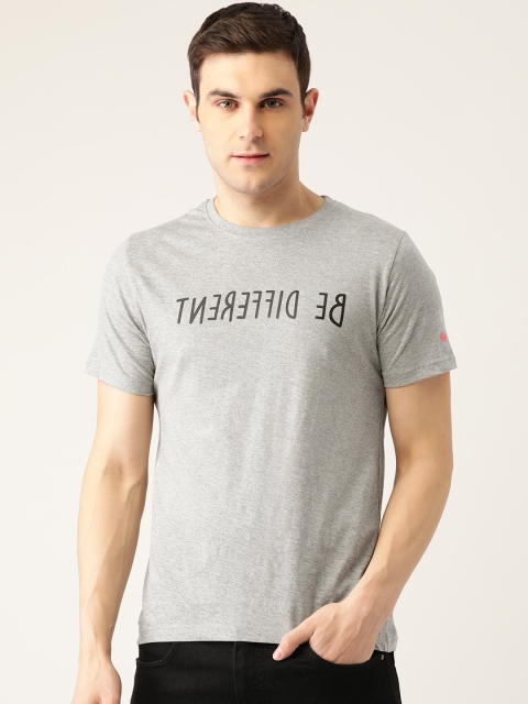 

PRINTOCTOPUS Men Grey Melange Pure Cotton Printed Detail Round Neck T-shirt