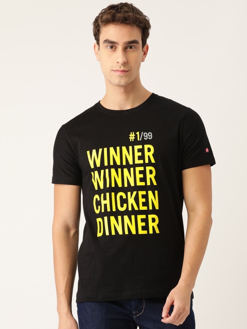 

PRINTOCTOPUS Men Black & Yellow Pure Cotton Printed Round Neck T-shirt