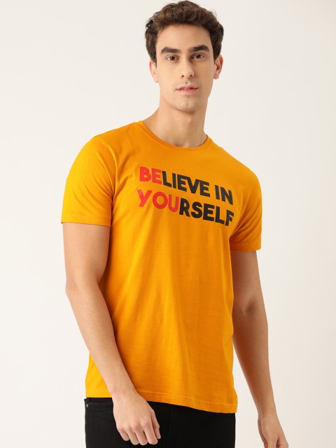 

PRINTOCTOPUS Men Mustard Yellow Printed Pure Cotton Round Neck T-shirt
