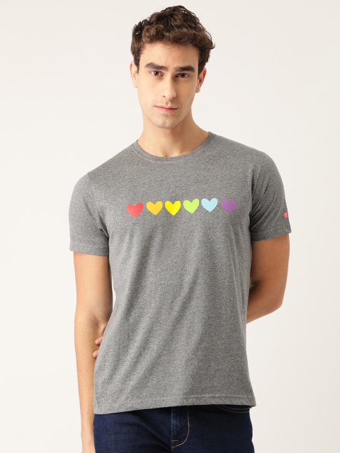 

PRINTOCTOPUS Men Grey Melange Printed Round Neck Pure Cotton T-shirt