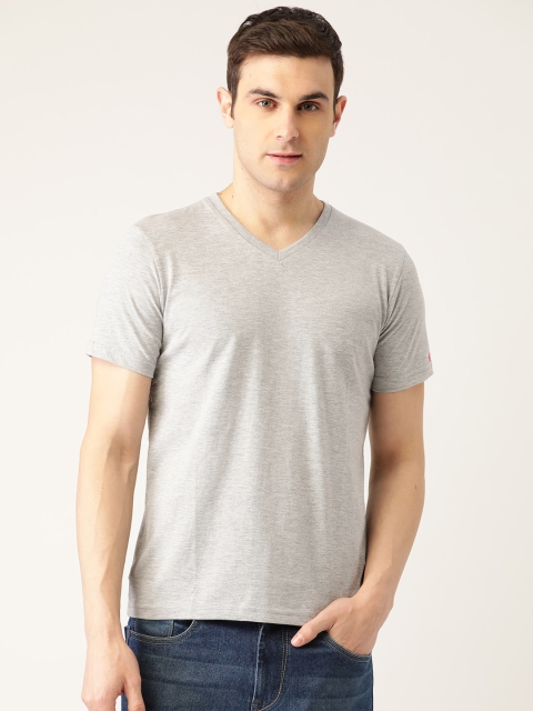 

PRINTOCTOPUS Men Grey Melange Solid Pure Cotton V-Neck Pure Cotton T-shirt