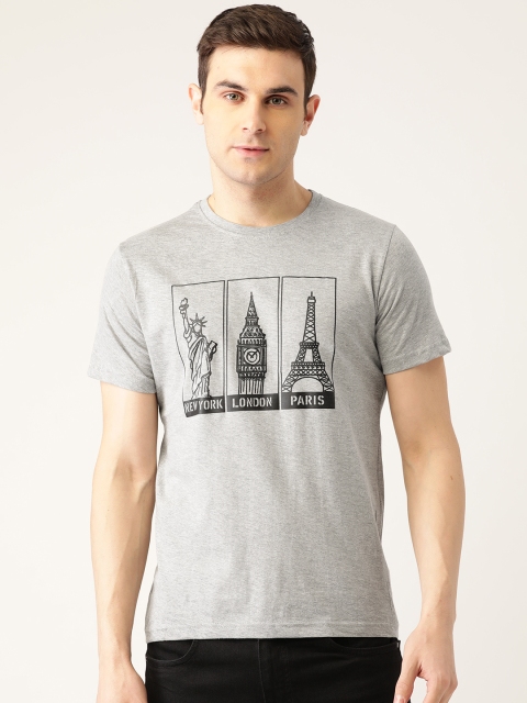 

PRINTOCTOPUS Men Grey Melange & Black Printed Round Neck T-shirt