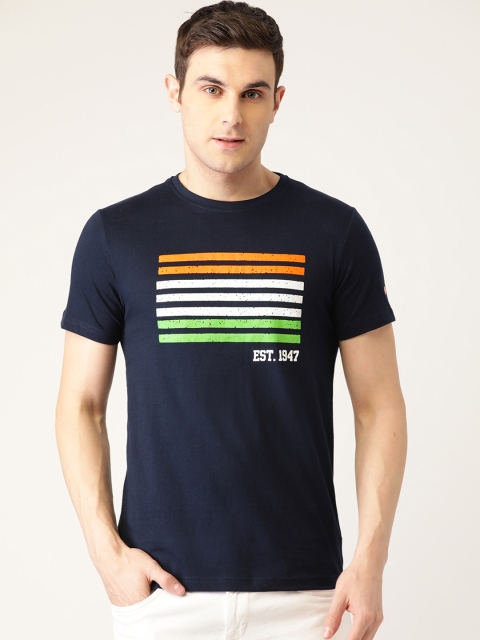 

PRINTOCTOPUS Men Navy Blue Orange Printed Round Neck Pure Cotton T-shirt