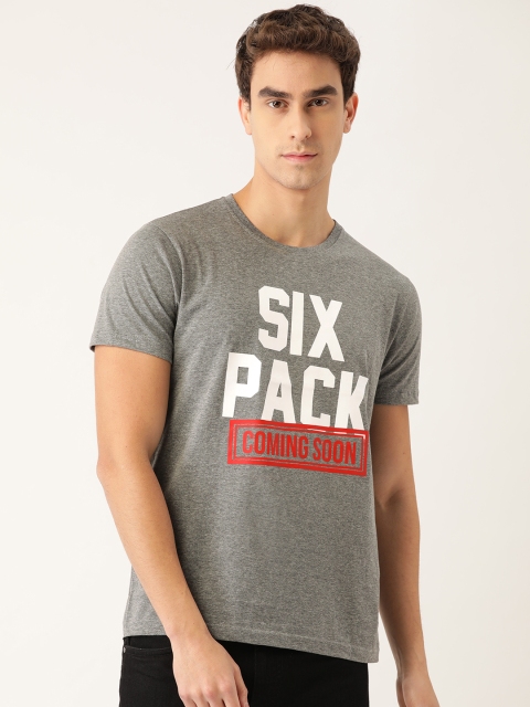 

PRINTOCTOPUS Men Grey Melange & White Printed Pure Cotton Round Neck T-shirt