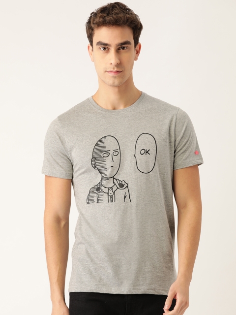 

PRINTOCTOPUS Men Grey Melange Saitama Ok Anime Print Pure Cotton Round Neck T-shirt