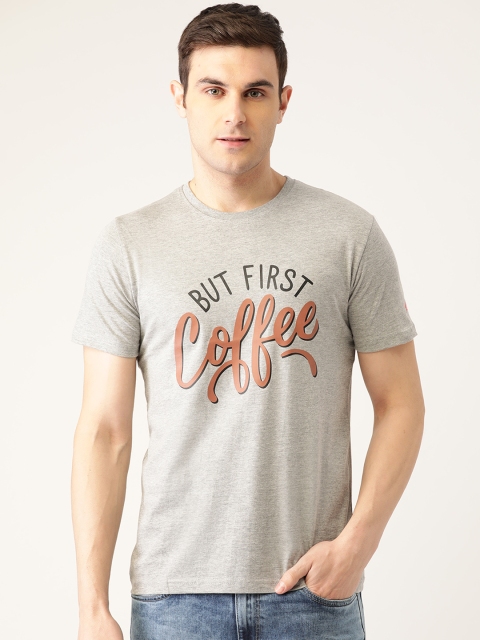 

PRINTOCTOPUS Men Grey Melange & Rust Orange Printed Round Neck T-shirt