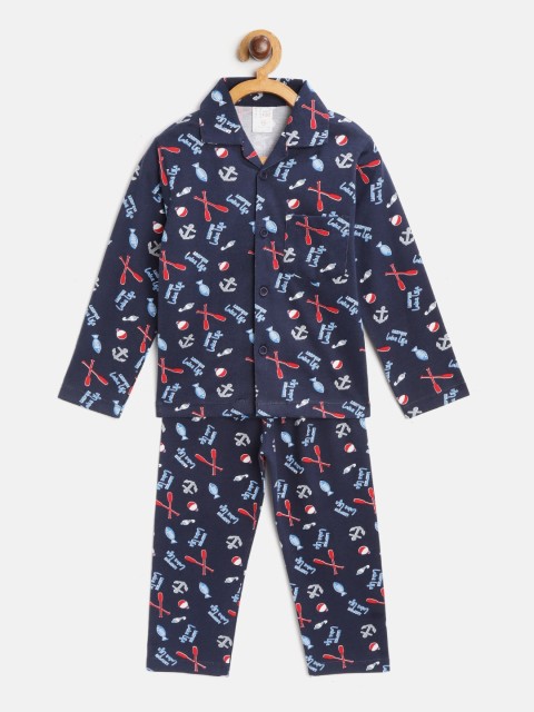 

NAUTI KIDZ Boys Navy Blue & Red Pure Cotton Printed Night Suit