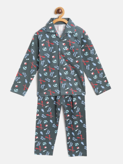 

NAUTI KIDZ Boys Green & Red Nautical Print Pure Cotton Night suit