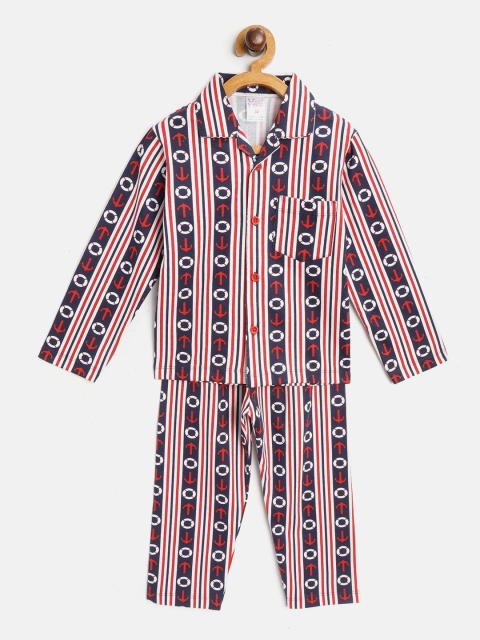 

NAUTI KIDZ Boys Red & Navy Blue Striped Night suit
