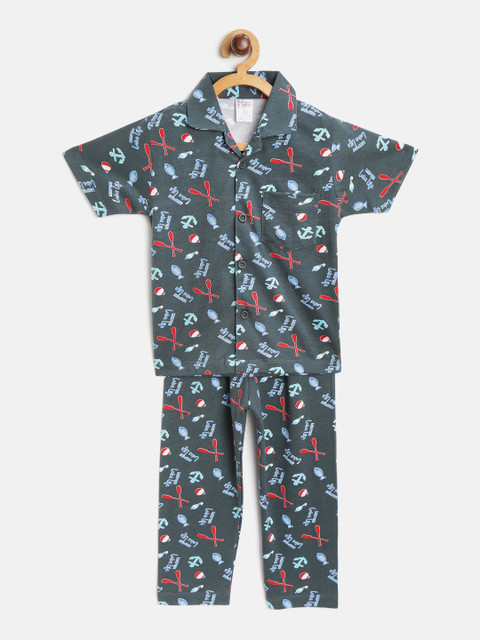 

NAUTI KIDZ Boys Green Printed Cotton Night suit
