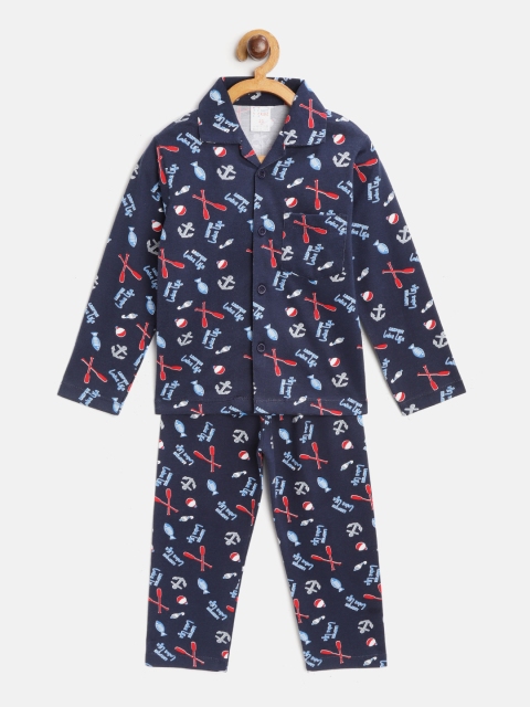 

NAUTI KIDZ Boys Navy Blue & Red Pure Cotton Nautical Print Night Suit