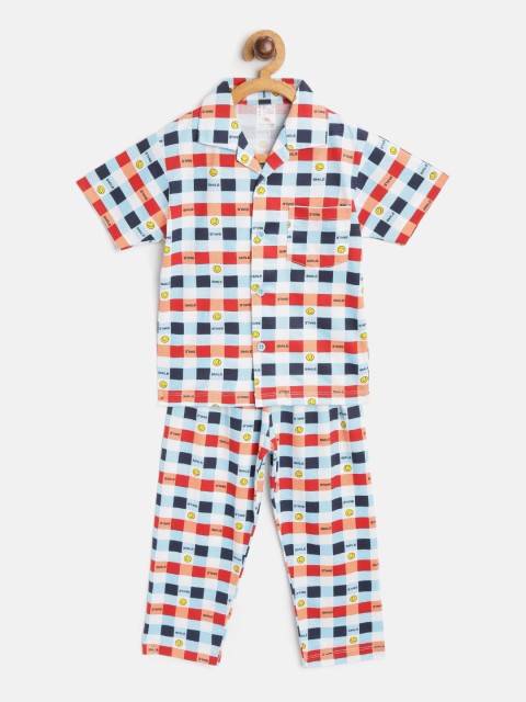 

NAUTI KIDZ Boys Blue & White Pure Cotton Checked Night Suit with Printed Detail