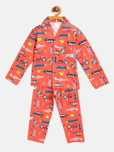 

NAUTI KIDZ Boys Orange & Blue Conversational Printed Pure Cotton Night suit