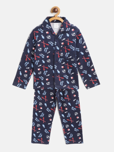 

NAUTI KIDZ Boys Navy Blue & Red Pure Cotton Nautical Print Night Suit
