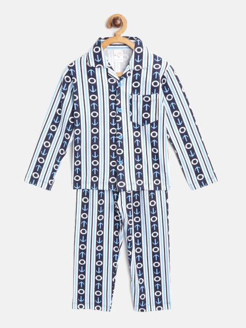 

NAUTI KIDZ Boys Navy Blue & White Striped Cotton Night suit With Nautical Print Detail