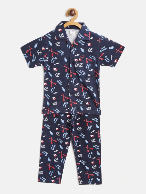 

NAUTI KIDZ Boys Navy Blue Printed Cotton Night suit