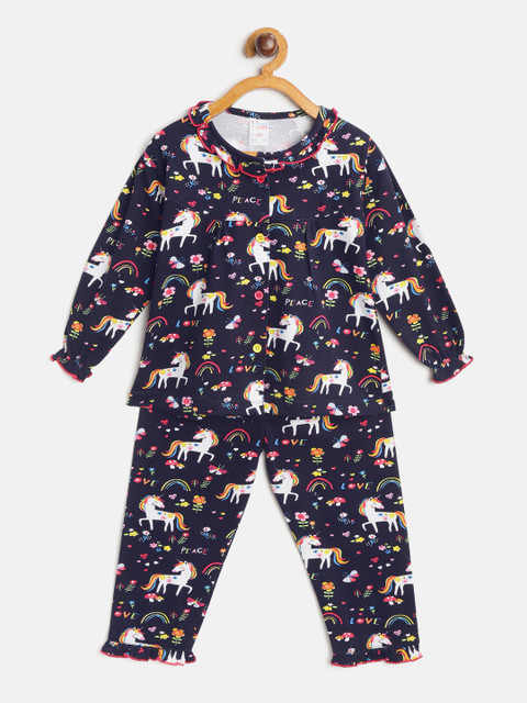 

NAUTI KIDZ Girls Navy Blue & White Pure Cotton Unicorn Print Night Suit