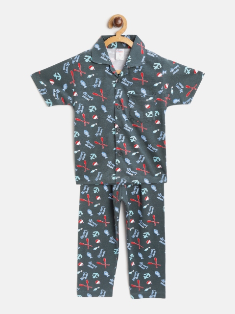 

NAUTI KIDZ Boys Green & Red Nautical Print Pure Cotton Night suit