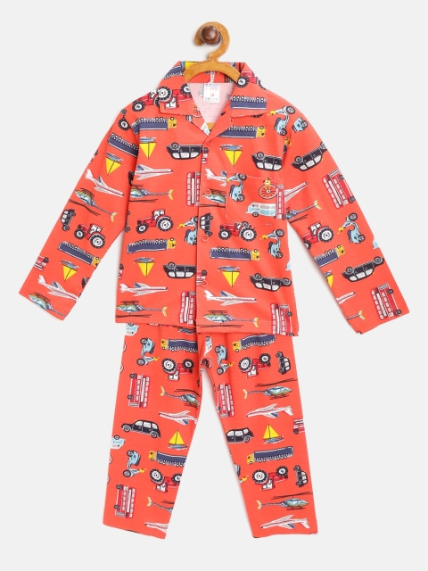 

NAUTI KIDZ Boys Orange & Blue Conversational Printed Pure Cotton Night suit