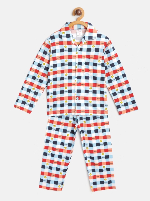 

NAUTI KIDZ Boys Blue & White Pure Cotton Checked Night suit