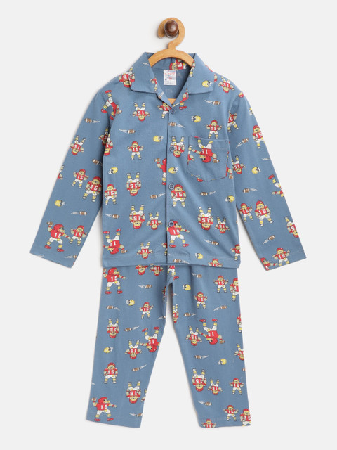 

NAUTI KIDZ Boys Blue & Red Conversational Printed Pure Cotton Night suit