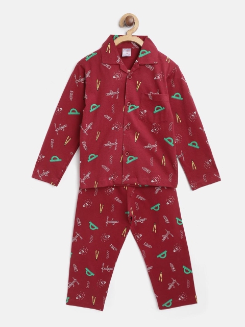 

NAUTI KIDZ Boys Maroon & White Printed Night suit