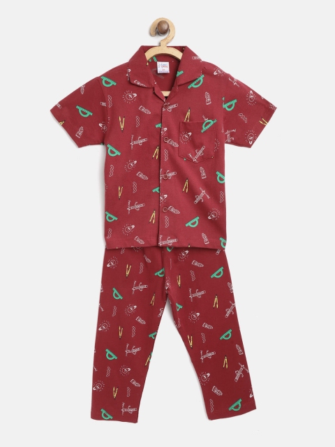 

NAUTI KIDZ Boys Maroon & White Pure Cotton Conversational Printed Night Suit